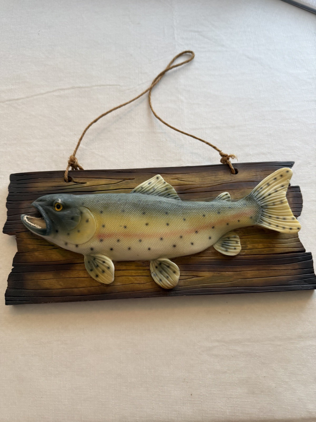 Trout Wall Hanging Wall Plaque 3D Fish Design Rustic Wood Look Rope Hanger