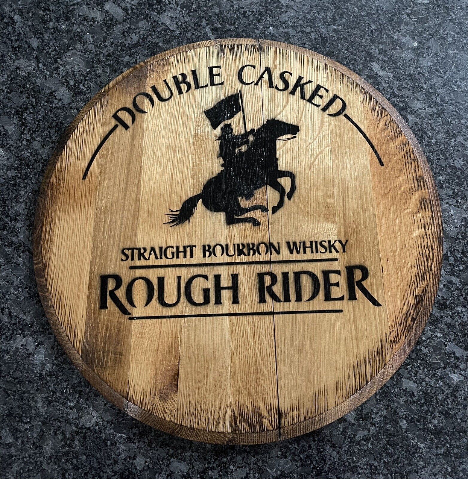 Bar Decor (Rough Rider Bourbon Whiskey ) Reclaimed Bourbon Barrel Head 21”