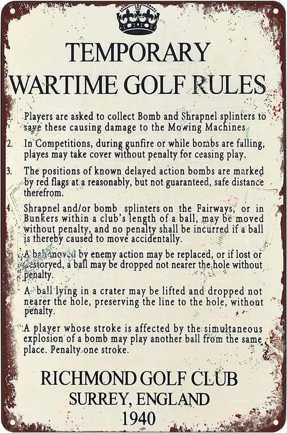 Temporary Wartime Golf Rules Metal Signs Retro Wall Decor For Home Cafes