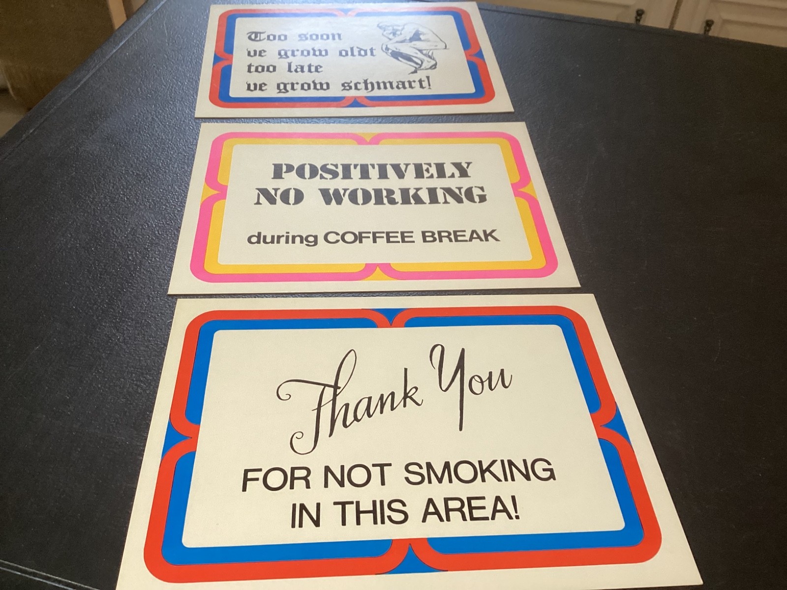 (3) Assorted Light Weight Cardboard Signs 6″ x 8″ No Smoking, Coffee Break etc.