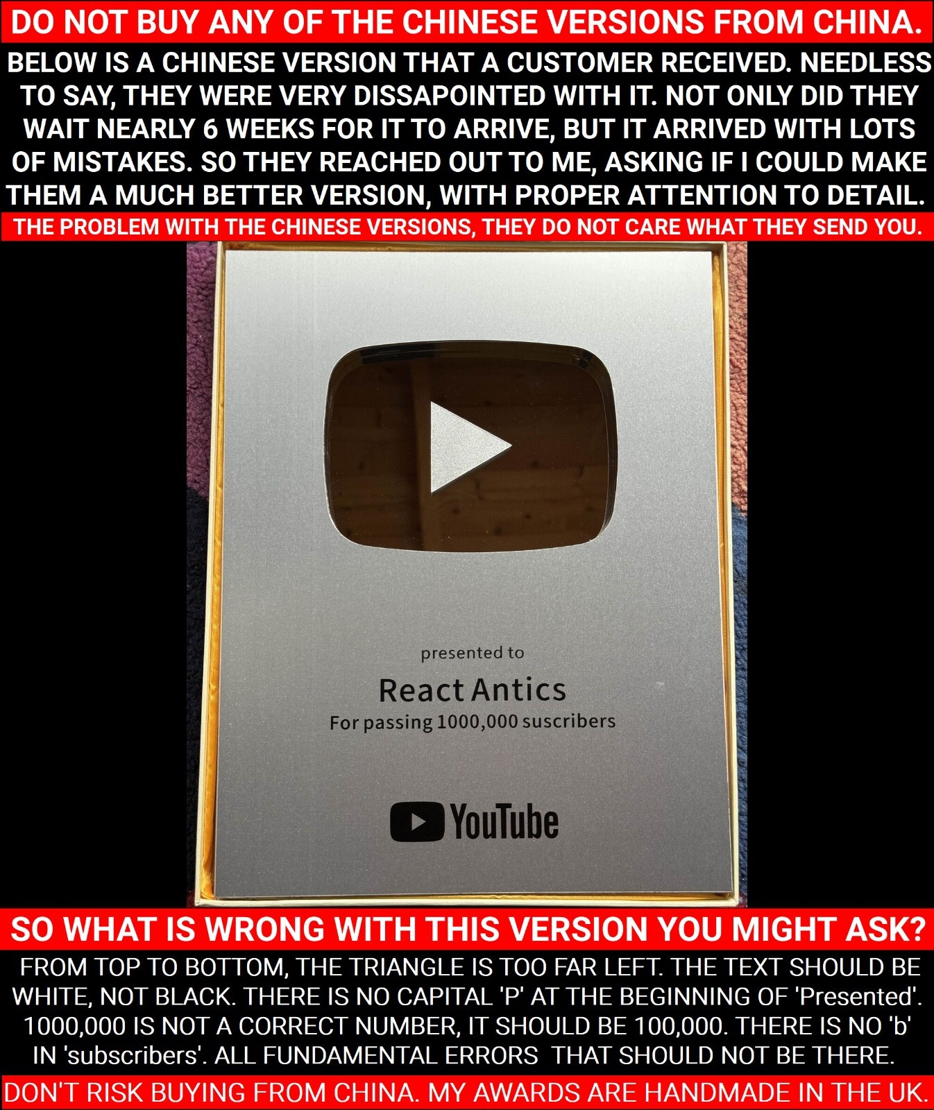 YouTube Play Button Silver Gold Personalised Custom Award Wall Plaque
