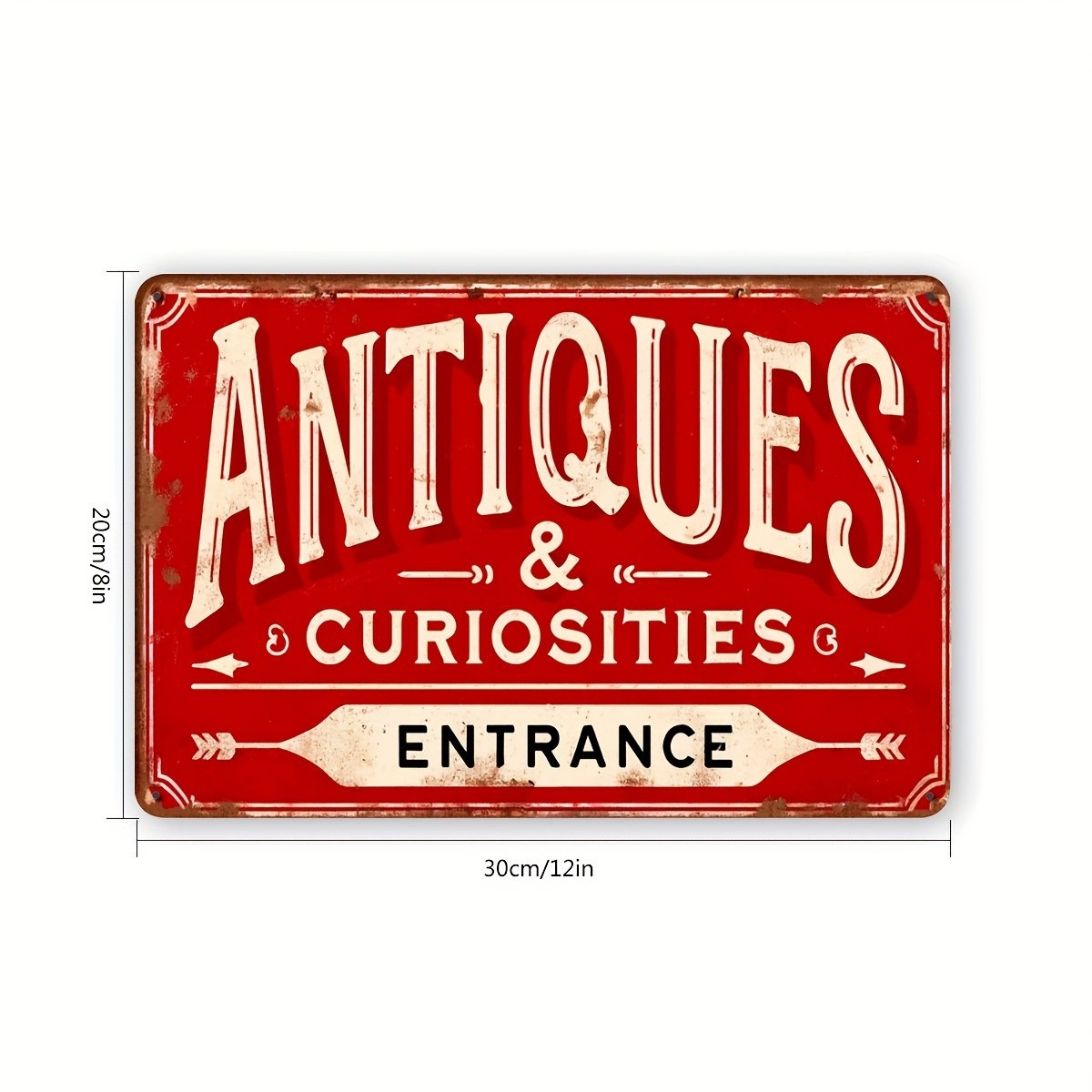 Vintage Red Metal Tin Sign Antiques Curiosities Entrance Antique Shop Wall Decor