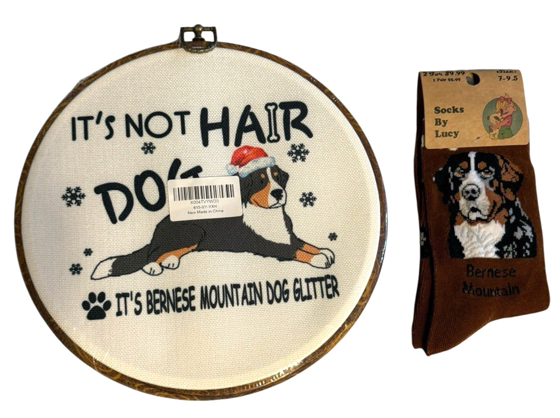 Bernese Mountain Dog Sign (Round 10″ Dia) + 1 Pair Brown Socks Size 7-9.5 (2 pc)