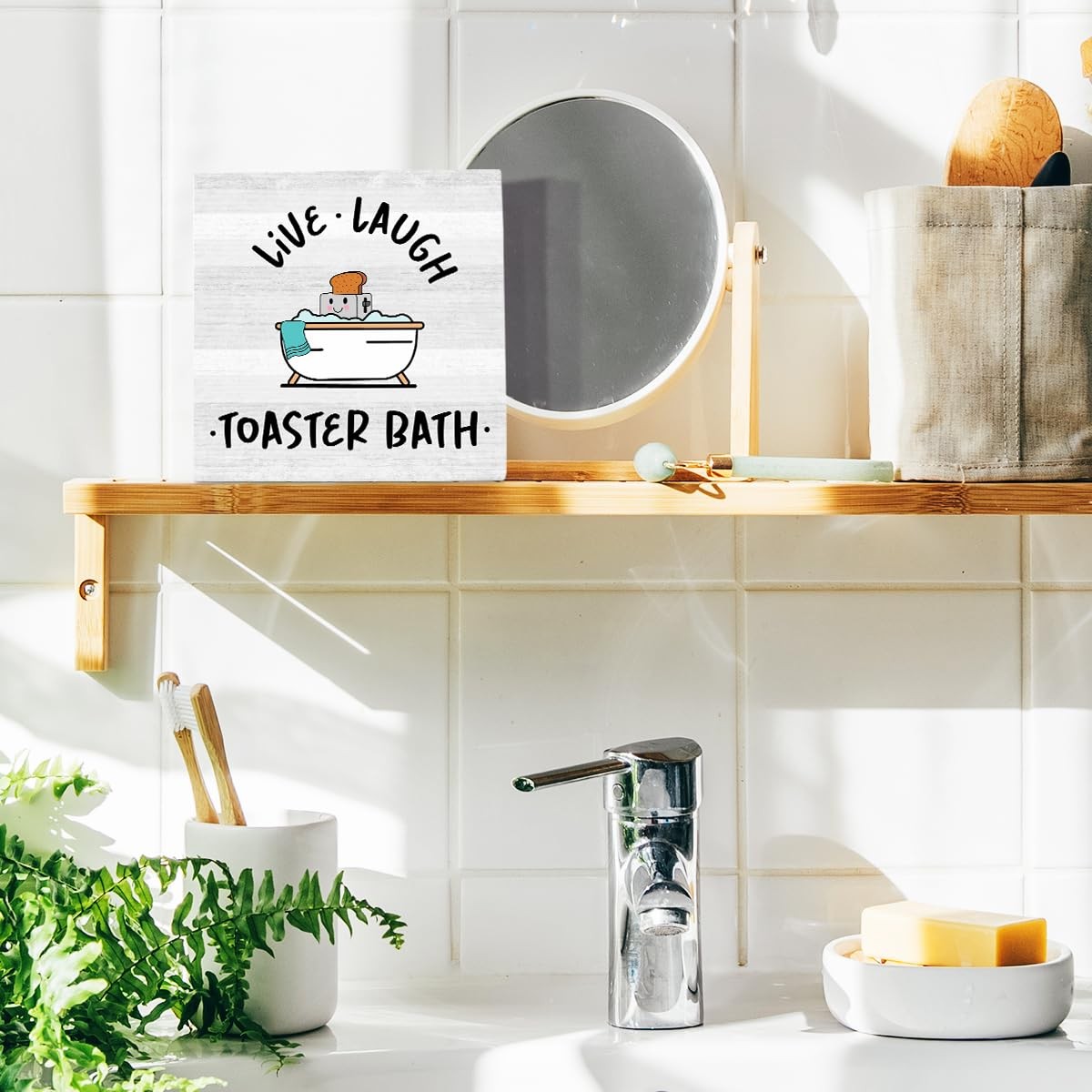 Live Laugh Toaster Bath Sign, Funny Bathroom Decor, 5″L x 5″W, Toaster-02