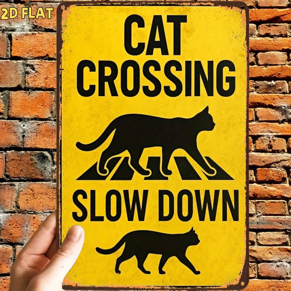 1PC 2D Flat 1PC Retro Cat Crossing Slow Metal Iron Tin Sign Wall Art Decoartion♪