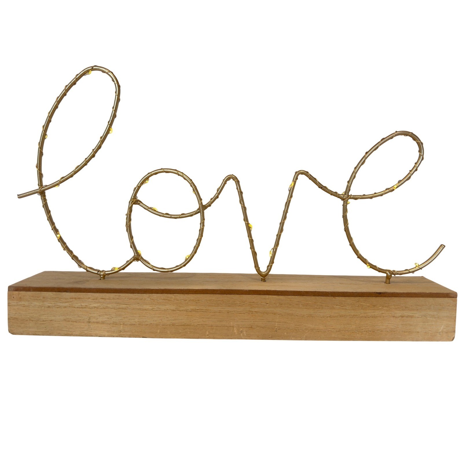 Gold Wire Love Sign with LED Fairy Lights on Wood Base Tabletop Decor