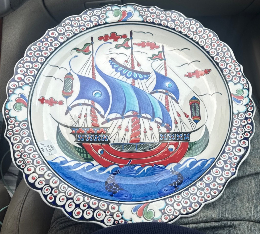 Wall Plate Plaque Ceramic Handmade Painted Turkey Sailing Ship Ceramic 17″ Wide