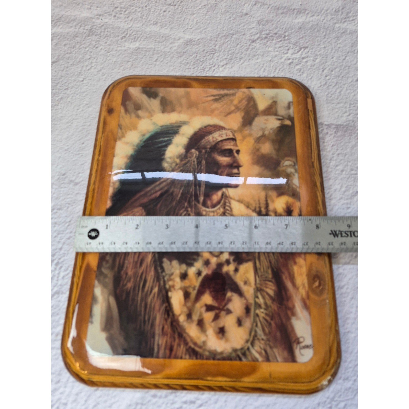 Vintage Ruane Native American Chief Wood Plaque Glossy Decoupage Wall Art 8×10.5
