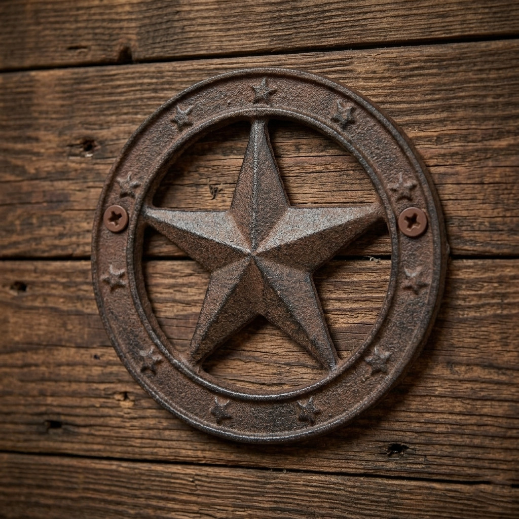 Cast Iron Texas Star With Ring Western Barn Decor Rustic Antique Style 6.25″
