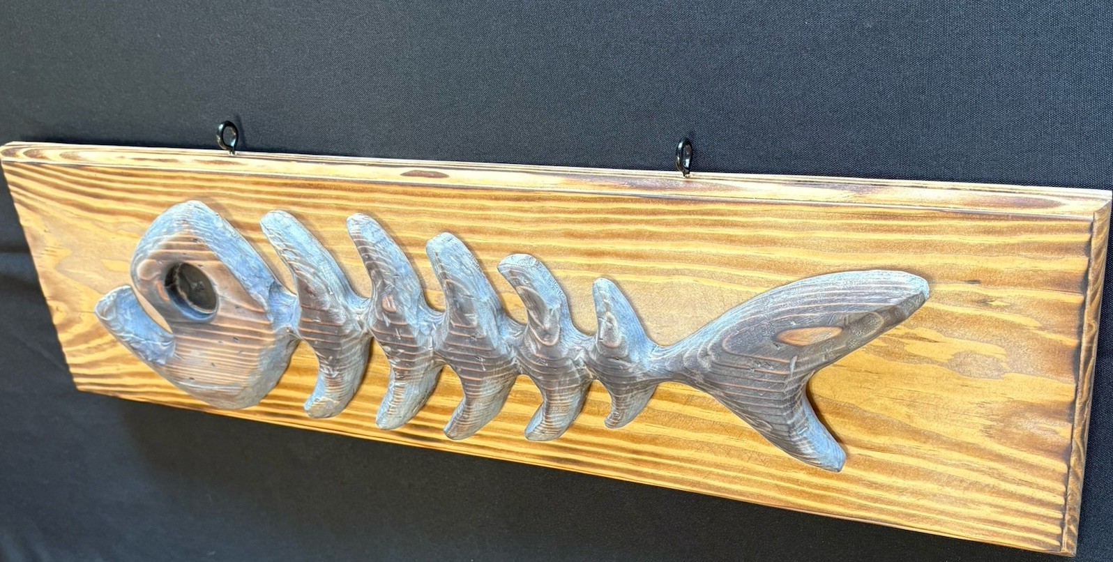Rustic Wooden Fish Skeleton Wall Plaque, Large Hanging Decor, 25″ x 7.25″