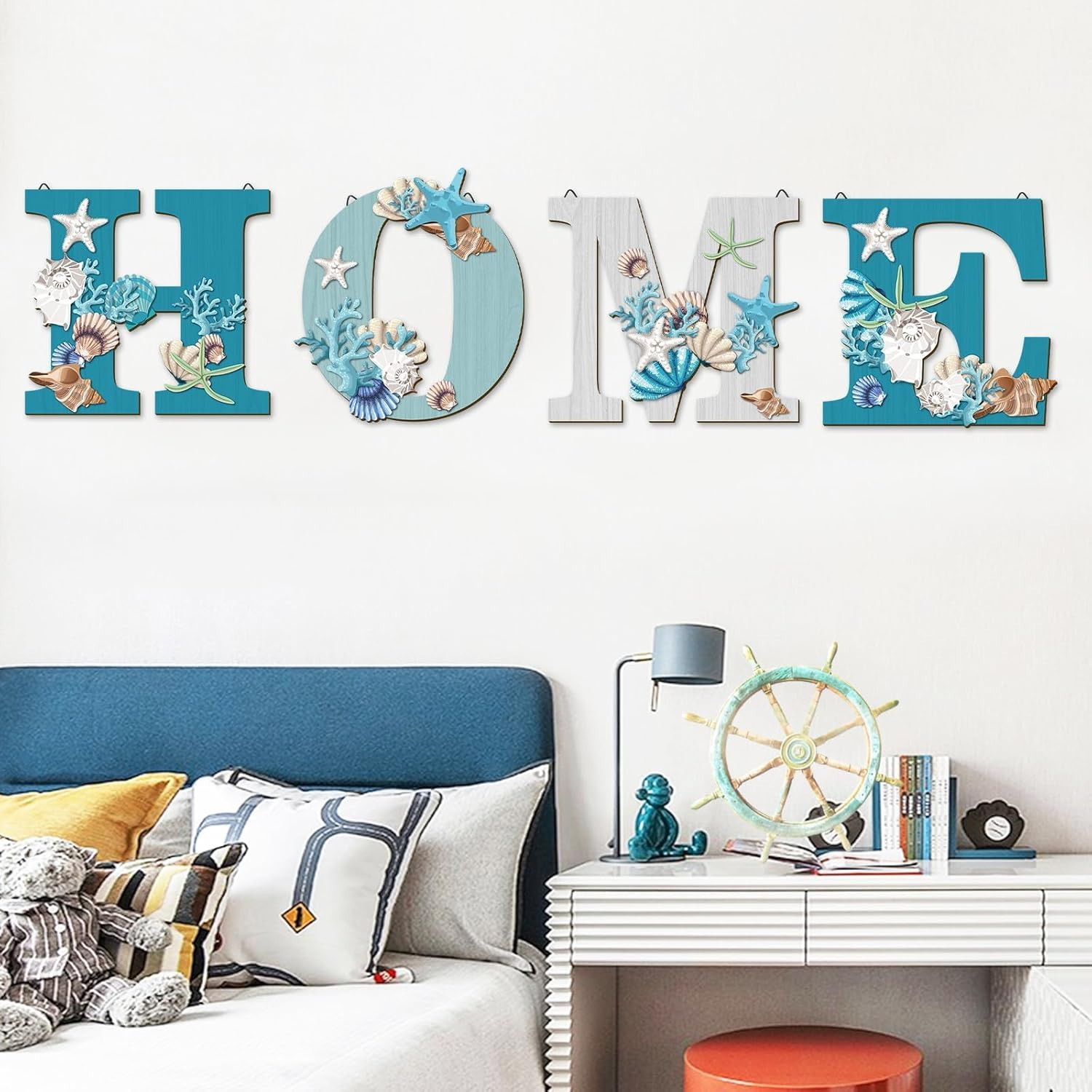 4 Pcs Wood Home Sign Coastal Beach Wall Decor Beach Style Signs Blue Starfish an