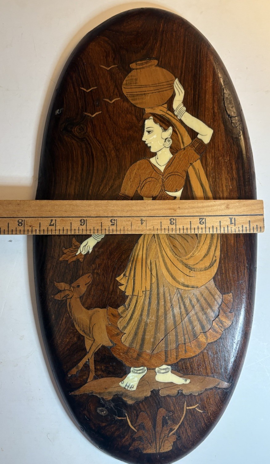Vintage Indian Handcrafted Wood Inlay Wall Plaque Woman Deer 16” X 7” Boho Decor