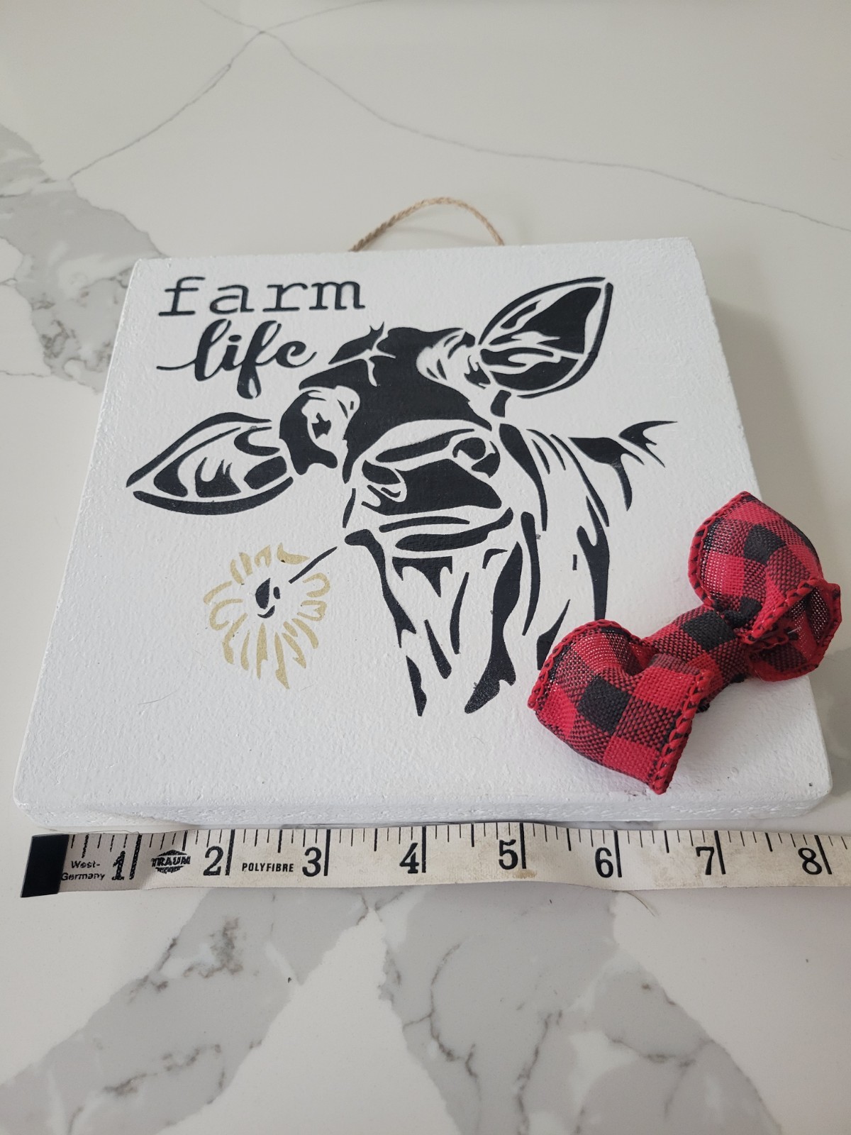 Handmade Wood Sign White Black Cow Farm Life Red Bow Home Wall Decor