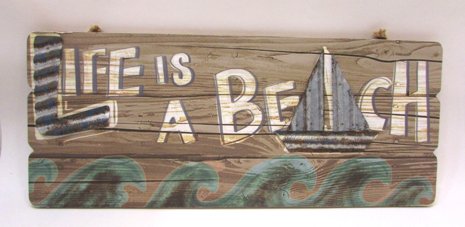 LIFE IS A BEACH 8×19 Pressed Wood Composite Sign w Tin Sailboat