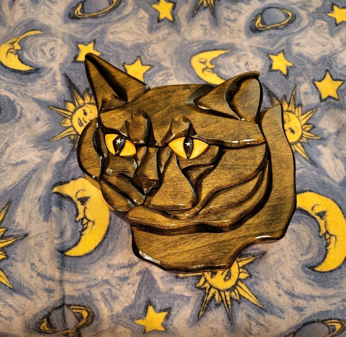 Vintage Intarsia Wood Wall Art Signed Black Cat