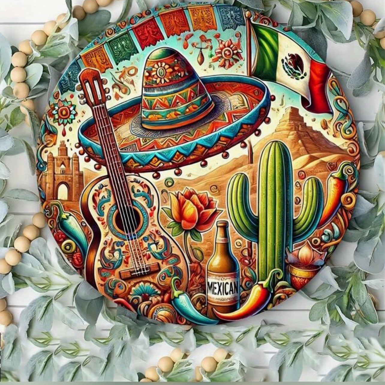Mexico 8″ Round Metal Sign – Iron Wall Art Mexican Decor Cactus Deco