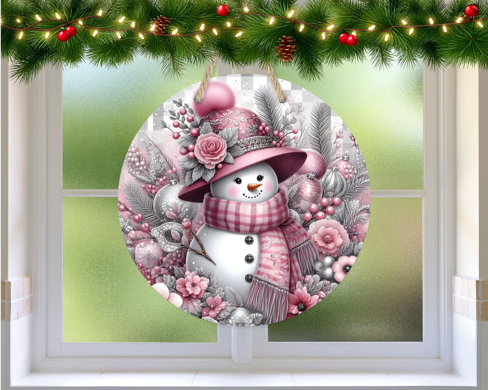 Floral Snowman Door Sign Pink Aluminum Indoor Outdoor Waterproof Decor