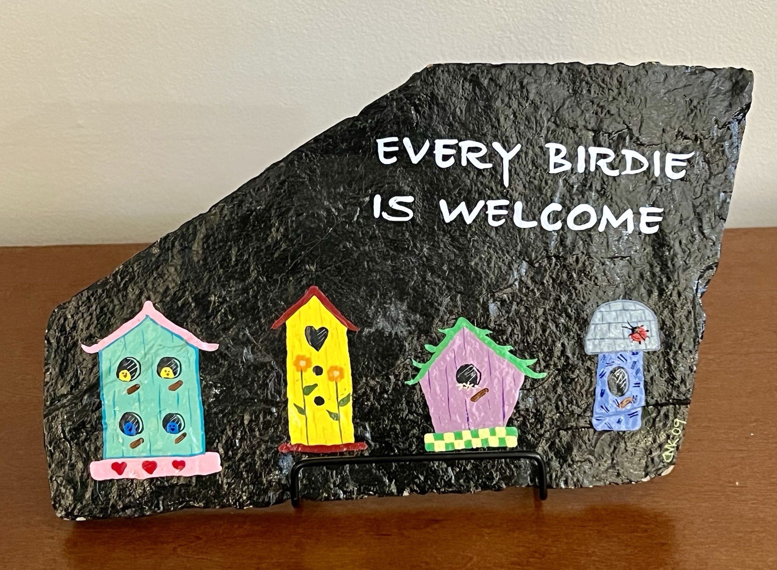 Hand Painted Slate Plaque Every Birdie Is Welcome Birdhouse Folk Art Signed