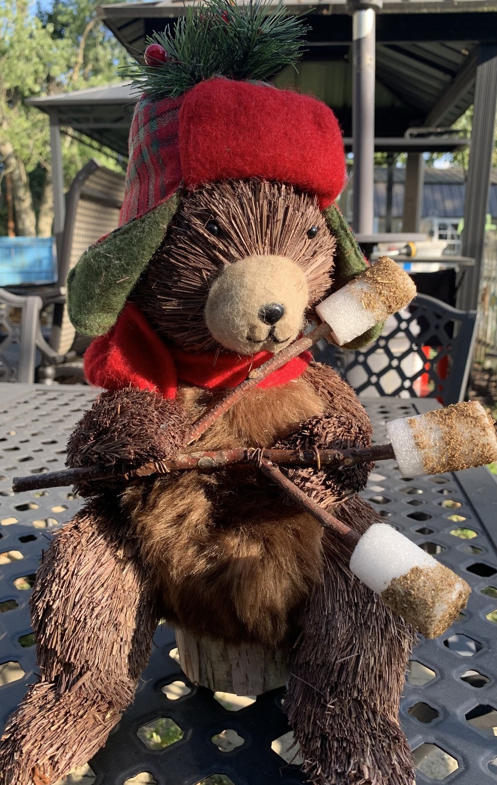 Rustic Bear Bead Eyes Roasting Marshmallows On Log See Description