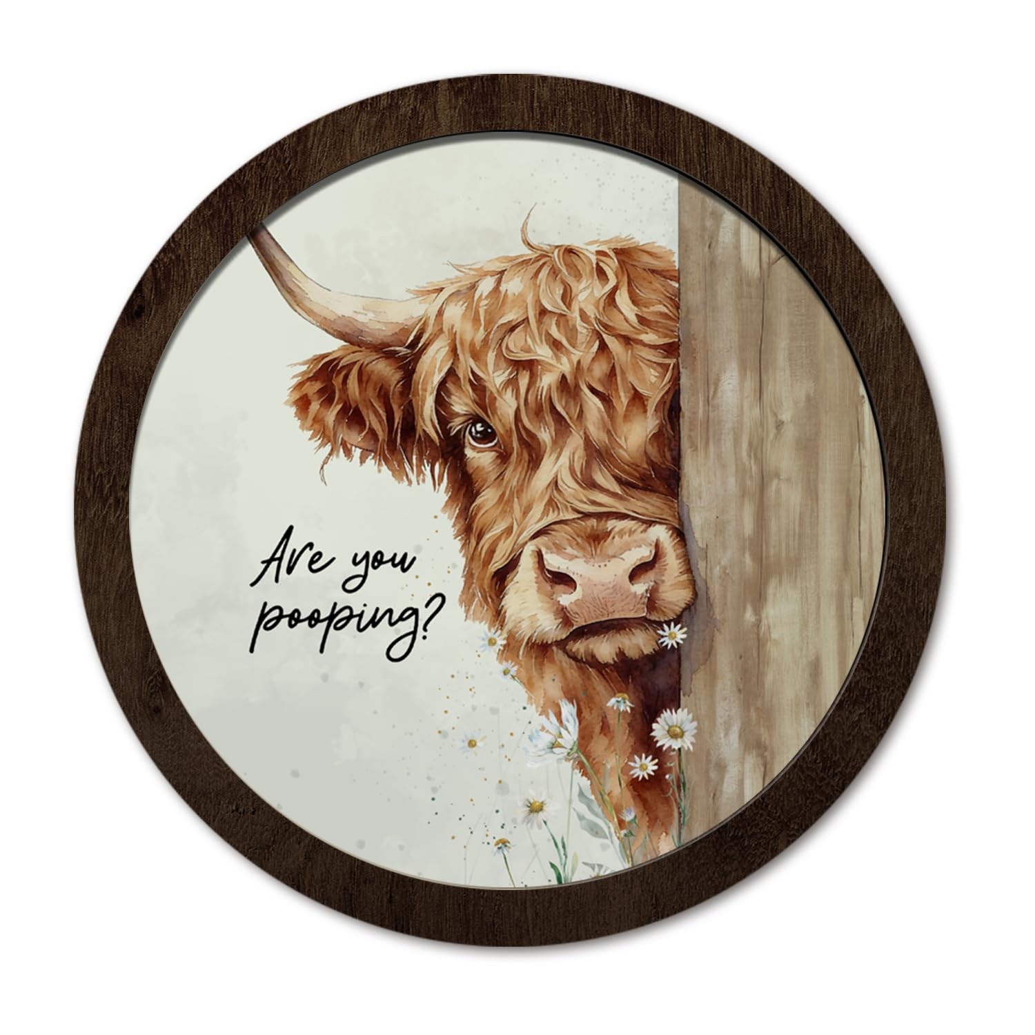 Funny Highland Cow Bathroom Round Wooden Wall Art, Highland Cow Bathroom Deco…
