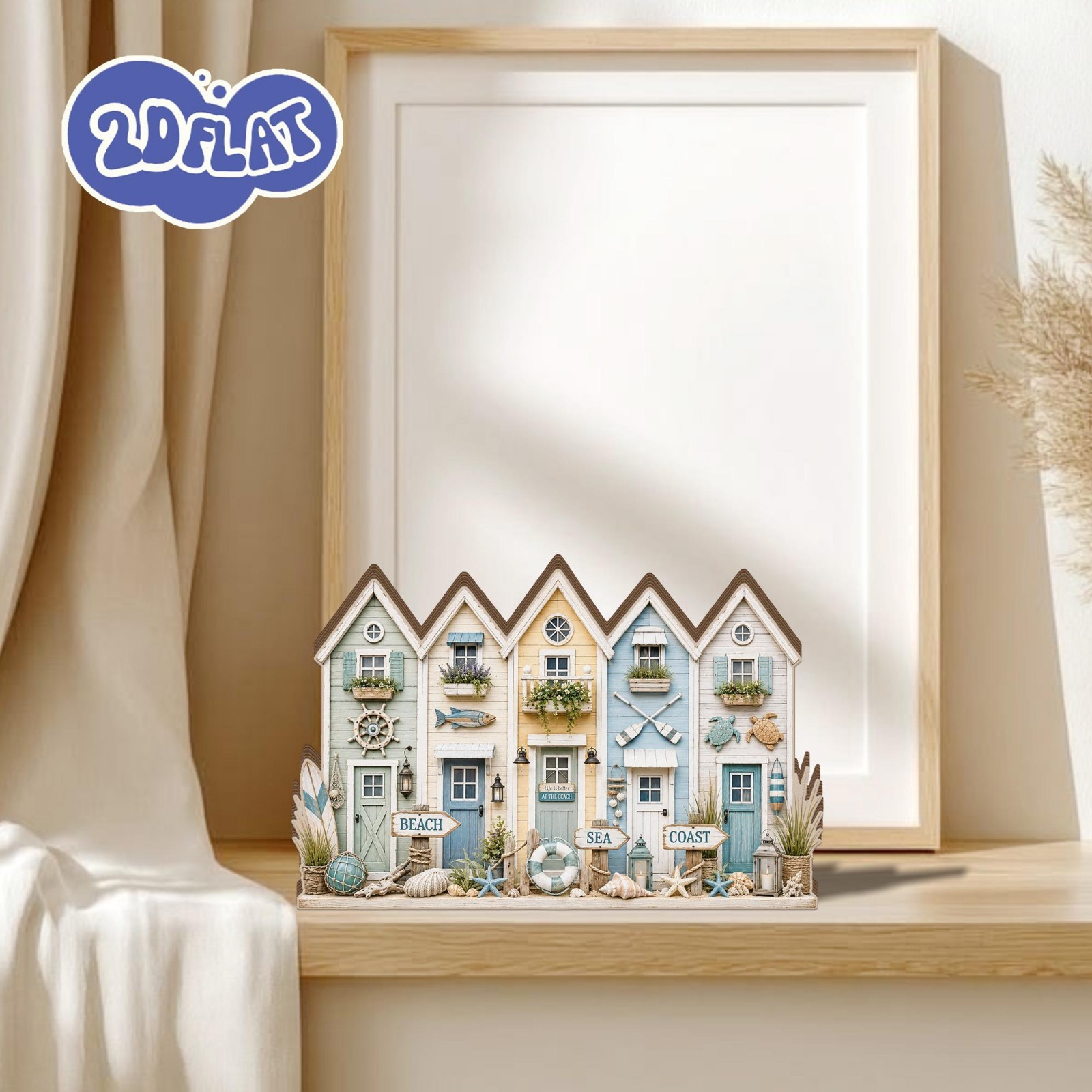 Coastal Beach House Block, Nautical Shelf Sitter, Seaside Cottage Decor