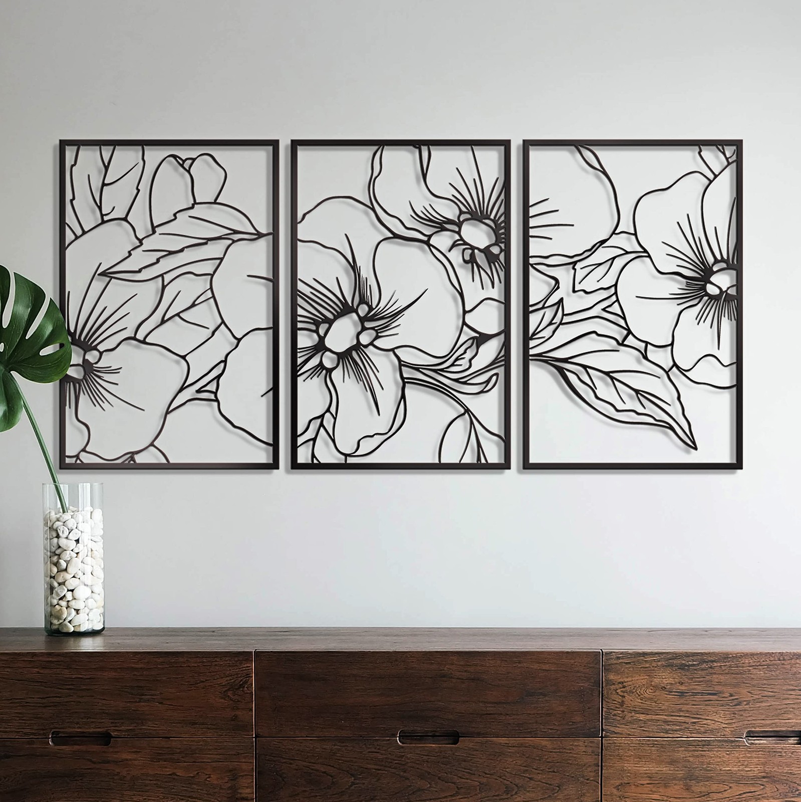 3 PCS Black Minimalist Floral Single Line Metal Wall Art 18×12 Inch Pot