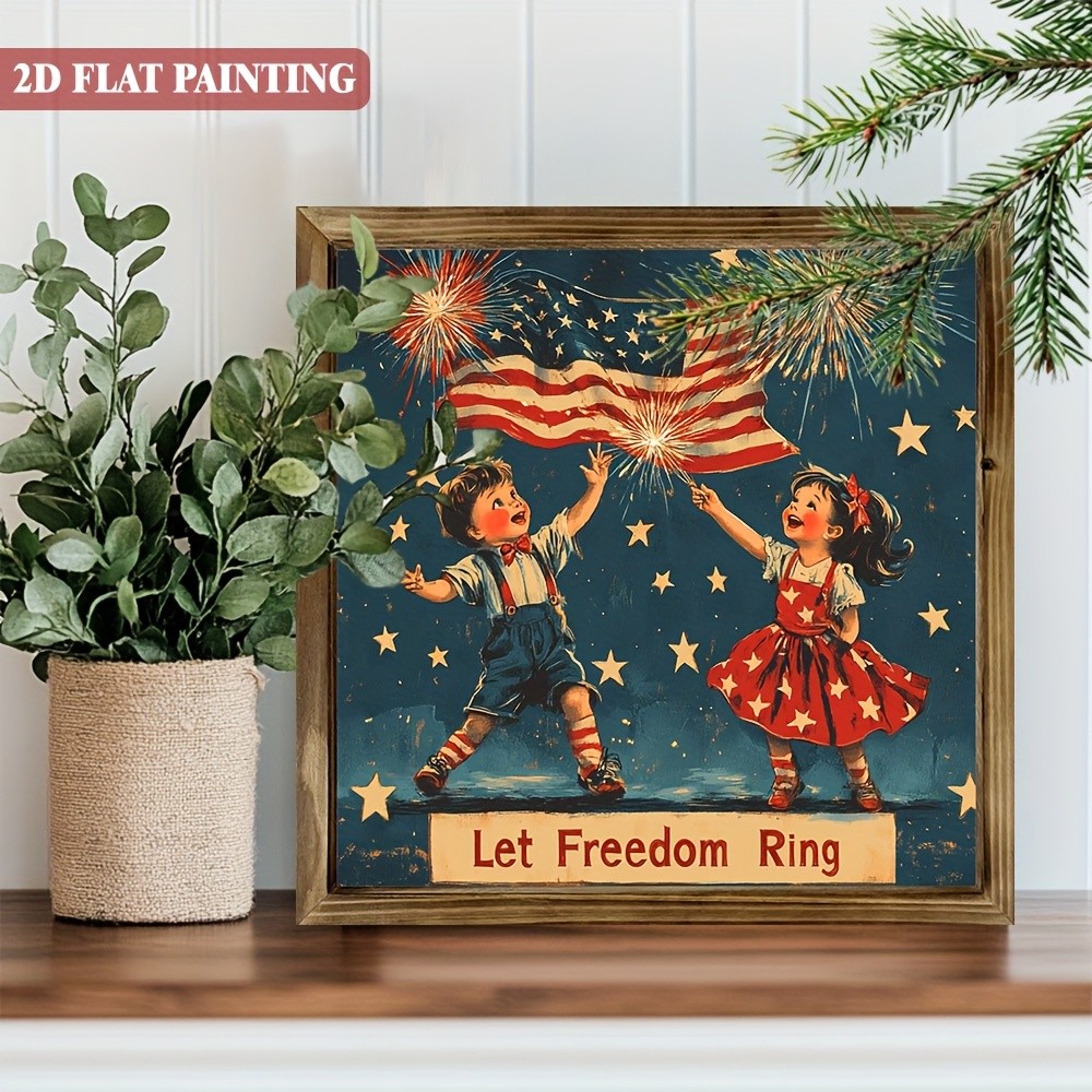 4th of July Wooden Plaque Let Freedom Ring Retro Patriotic Kids Wall Art Decor