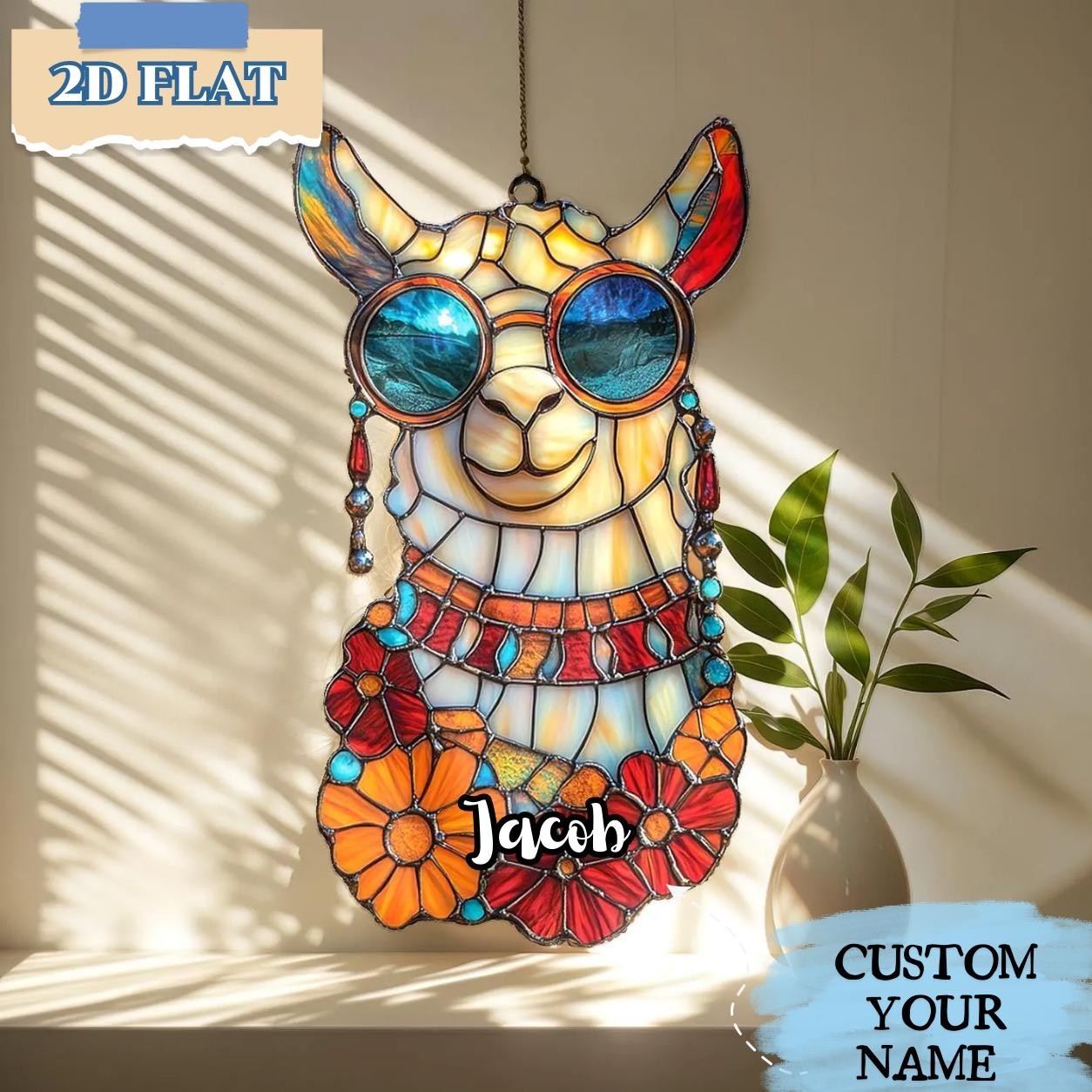 Sunglasses Llama Acrylic Suncatcher Ornament – Boho Faux Stained Glass Acrylic