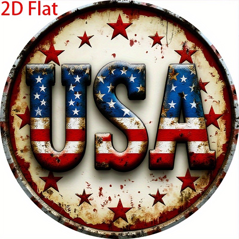 Vintage USA Sign Aluminum 8 Inch Round Patriotic American Flag Stars