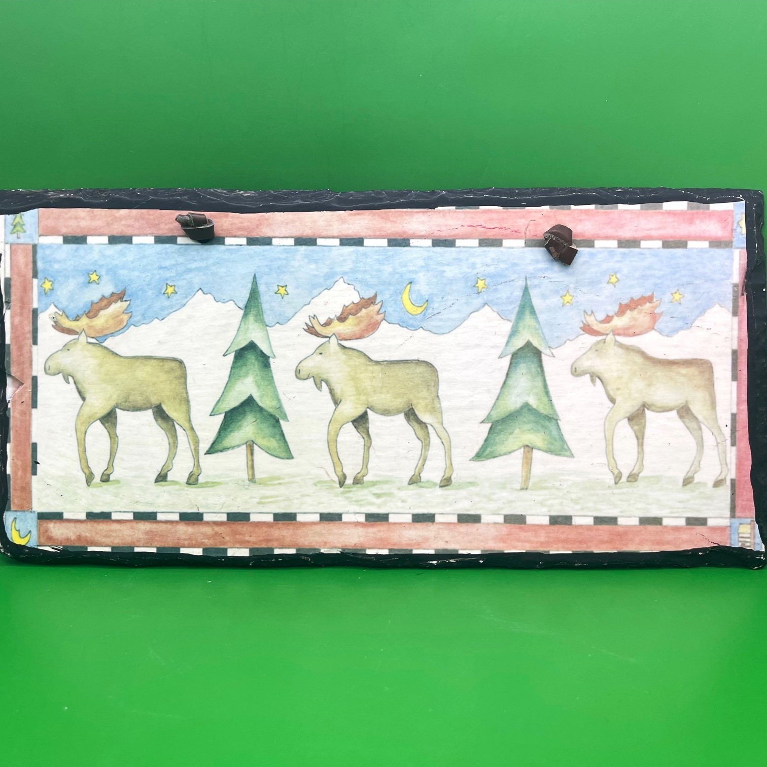 Rustic Moose Slate Wall Hanging Lodge Cabin Décor 12″ Art Plaque Leather Strap