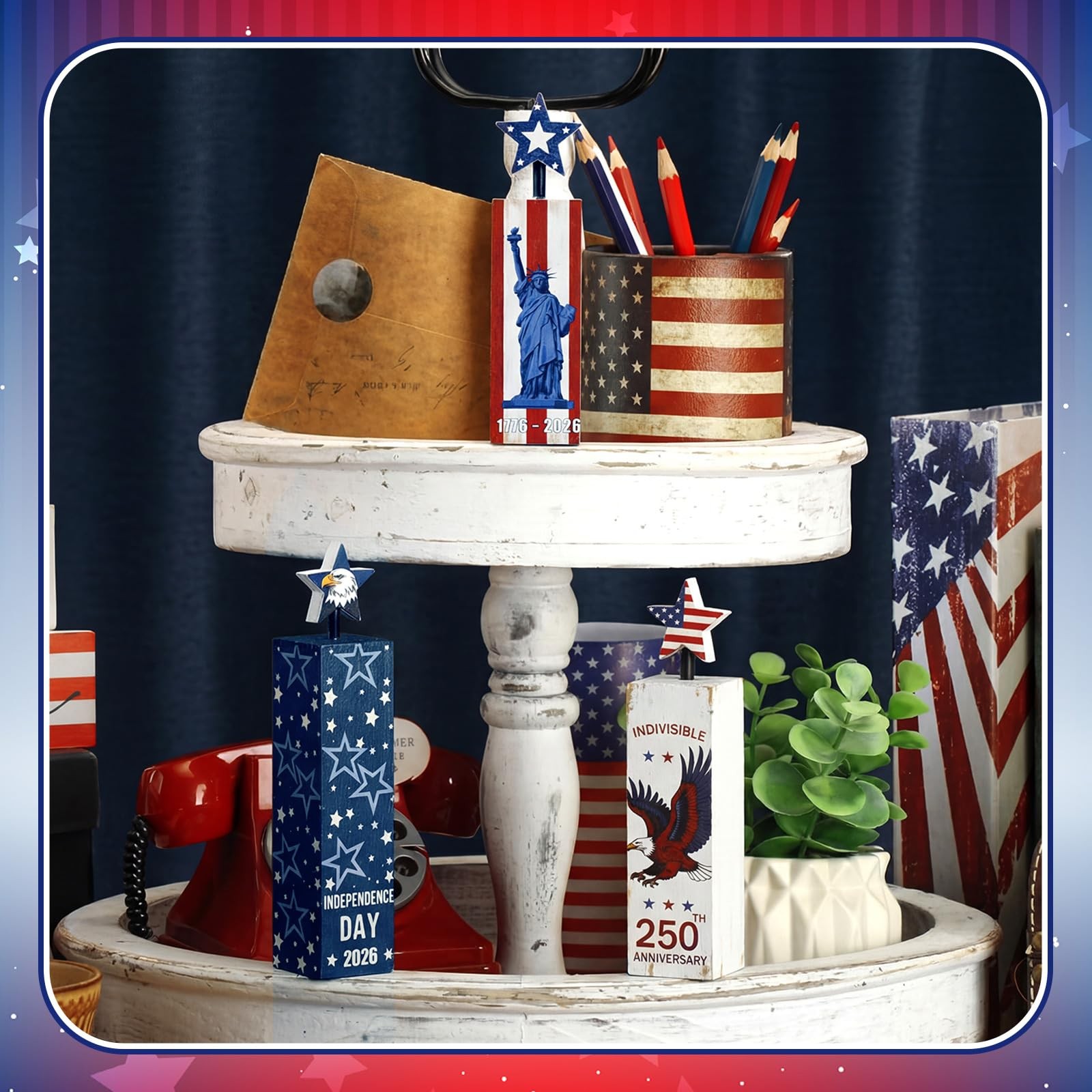 3 Pcs 250th Anniversary Patriotic Decorations 4th of July Table Block Signs M…
