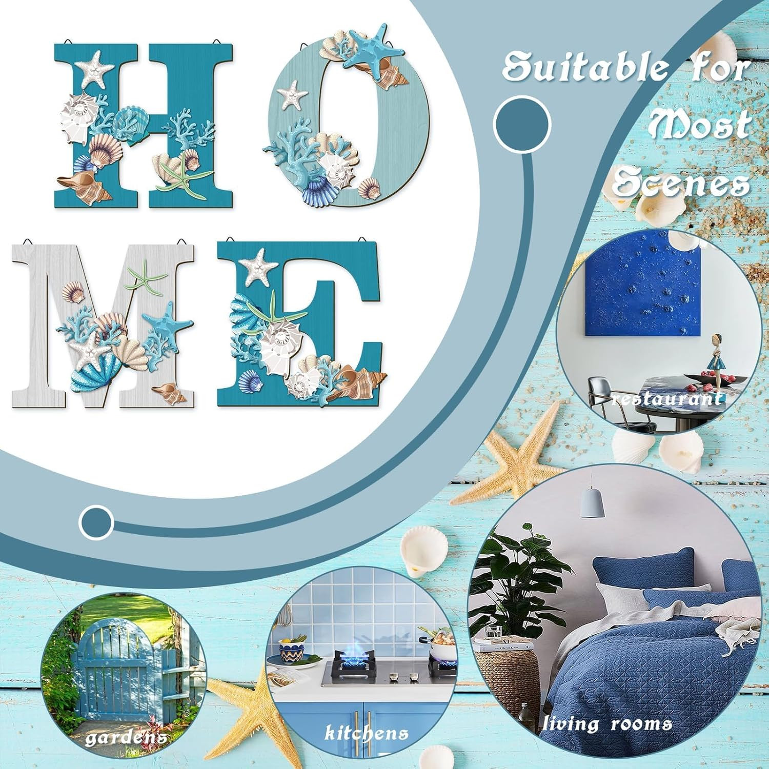 4 Pcs Wood Home Sign Coastal Beach Wall Decor Beach Style Signs Blue Starfish an
