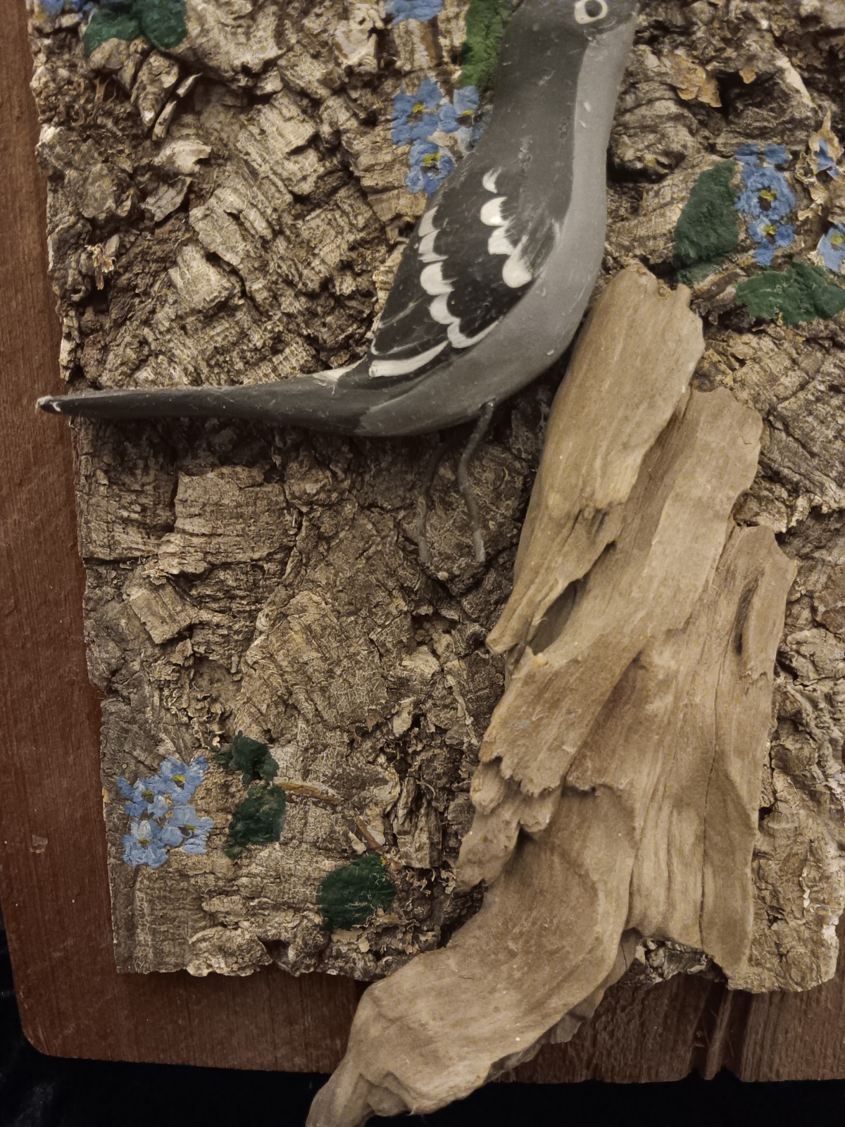 Handmade Gray Mockingbird Tree Bark Rustic Drift Wooden Wall Art Painted Flowers