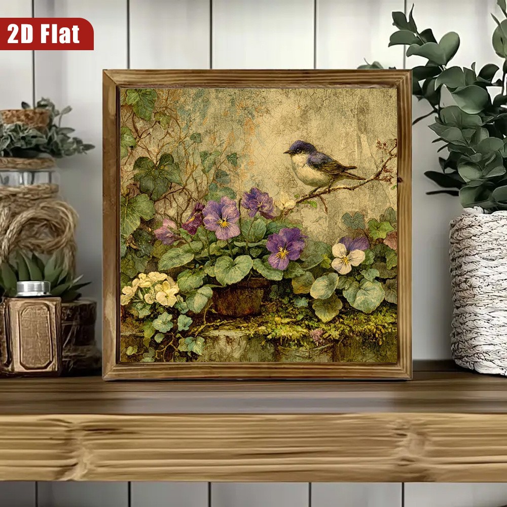 Vintage Floral Bird Wooden Sign Rustic Farmhouse Nature Decor for Kitchen Cafe