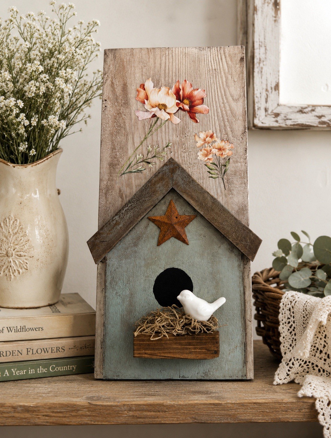 Handcrafted Rustic Birdhouse Wall Hanging Ceramic Bird Farmhouse Decor
