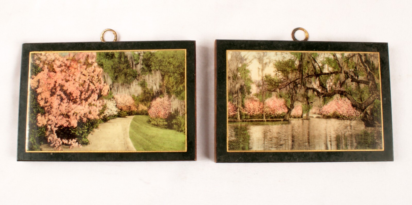 Set of 2 Laminated photos on Walnut Wood Pink Floral Path 6 X 4 Inches