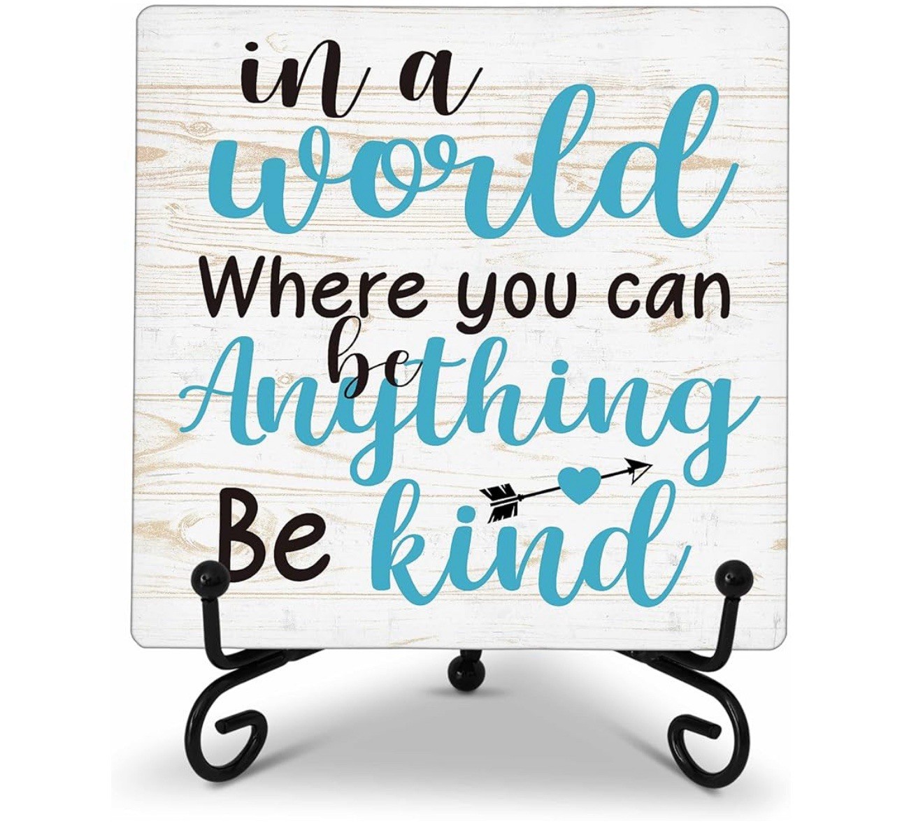 Inspirational Wood Plaque – “In a World… Be Kind” – 5×5 Decor with Iron Stand