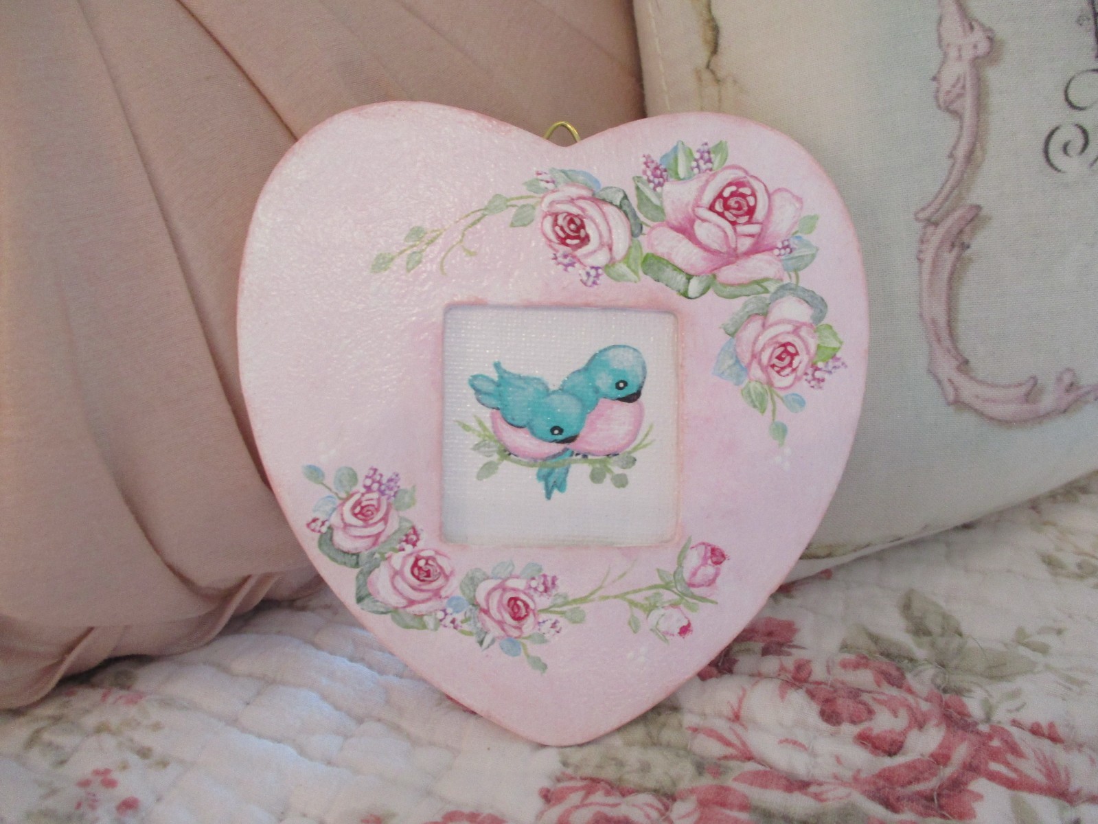 Set of Two – Hand Painted Petite Wood Heart Plaques with Birdies and Roses