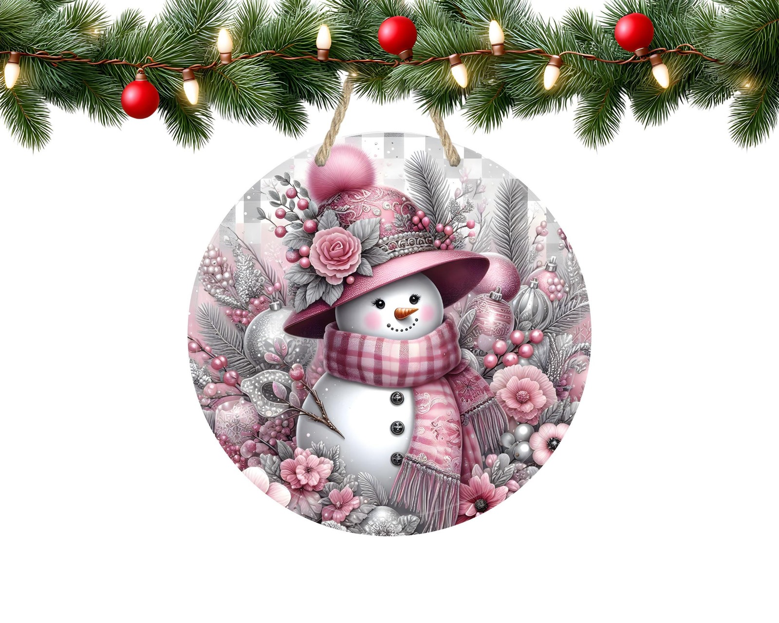 Floral Snowman Door Sign Pink Aluminum Indoor Outdoor Waterproof Decor