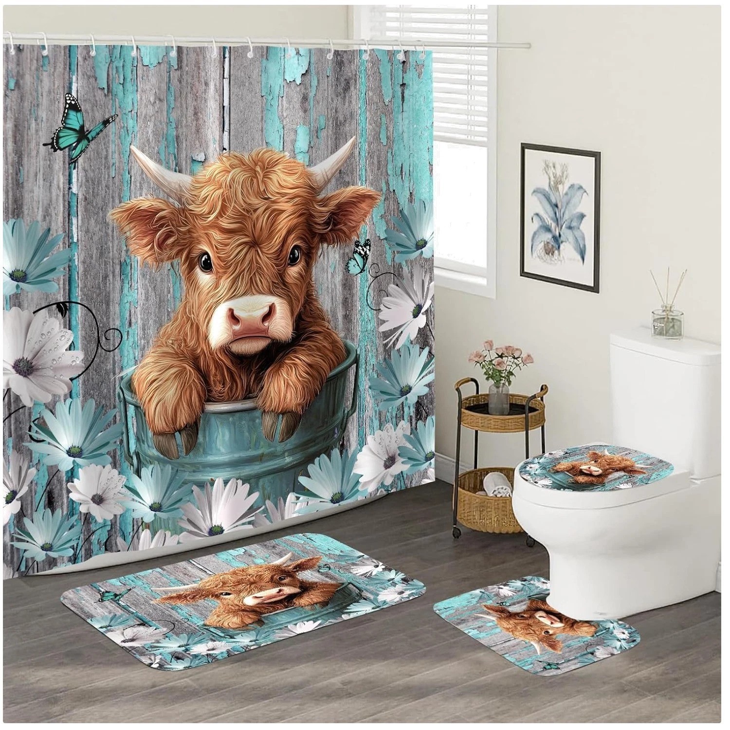 Highland Cow Bathroom Set – Farmhouse Decor 4 Pc//