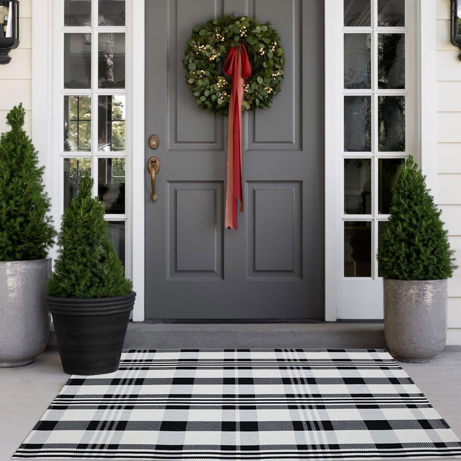 Fall Décor Plaid Rug, 3′ x 5′ Black&White Check Indoor/Outdoor Area Rug, La