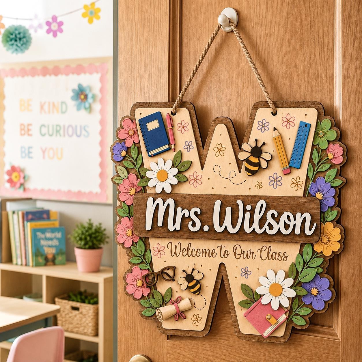 Personalized Teacher Initial Door Sign Custom Name Classroom Welcome Decor