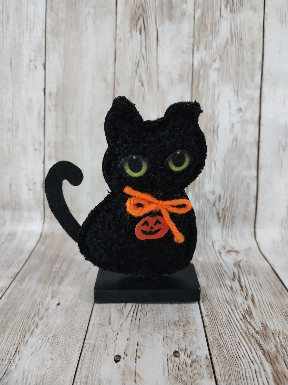~New! Plush Black Cat Halloween Wood Base Sign Fall Tray Table Decor Green Eyes