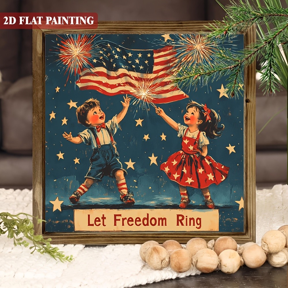 4th of July Wooden Plaque Let Freedom Ring Retro Patriotic Kids Wall Art Decor
