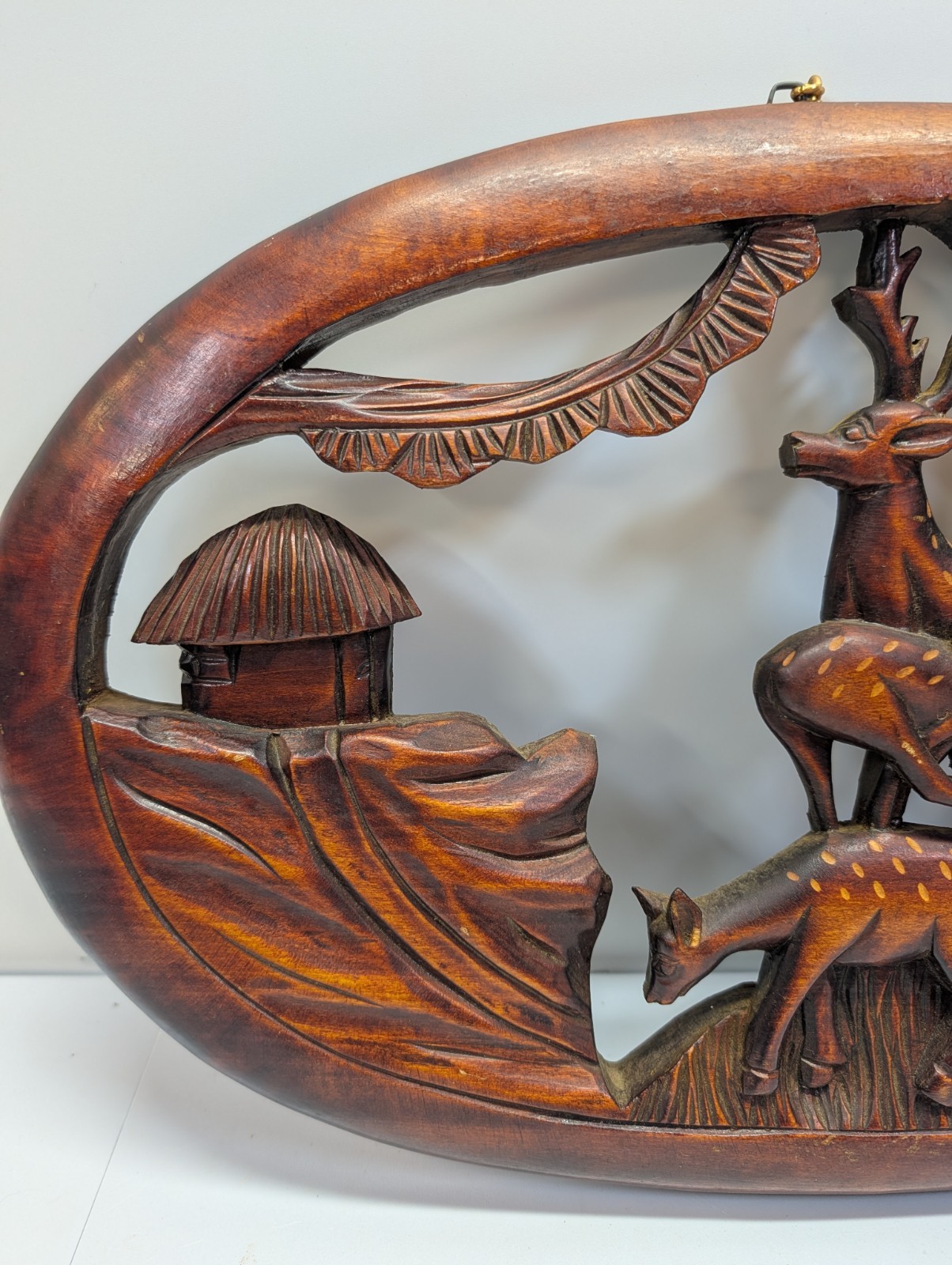 Vintage Hand Carved Wood Deer Wall Hanging Plaque Forest Scene Oval 20″ Decor