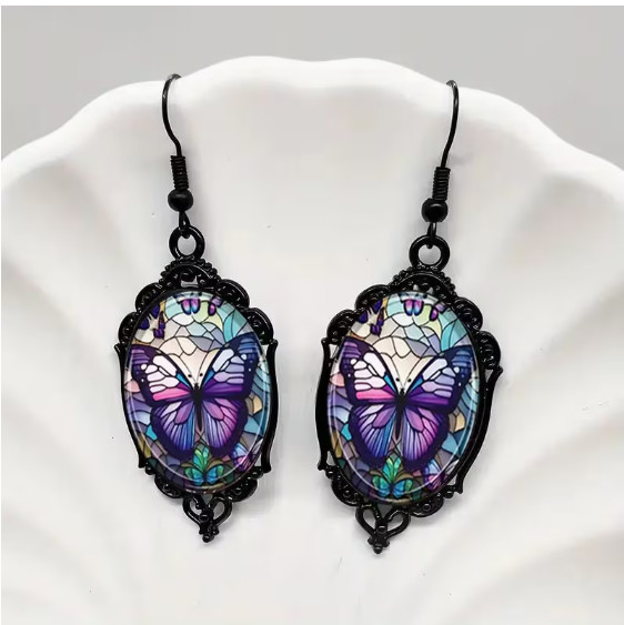 NECKLACE-3pcs Purple Butterfly Necklace with Glass Pendant and Earrings