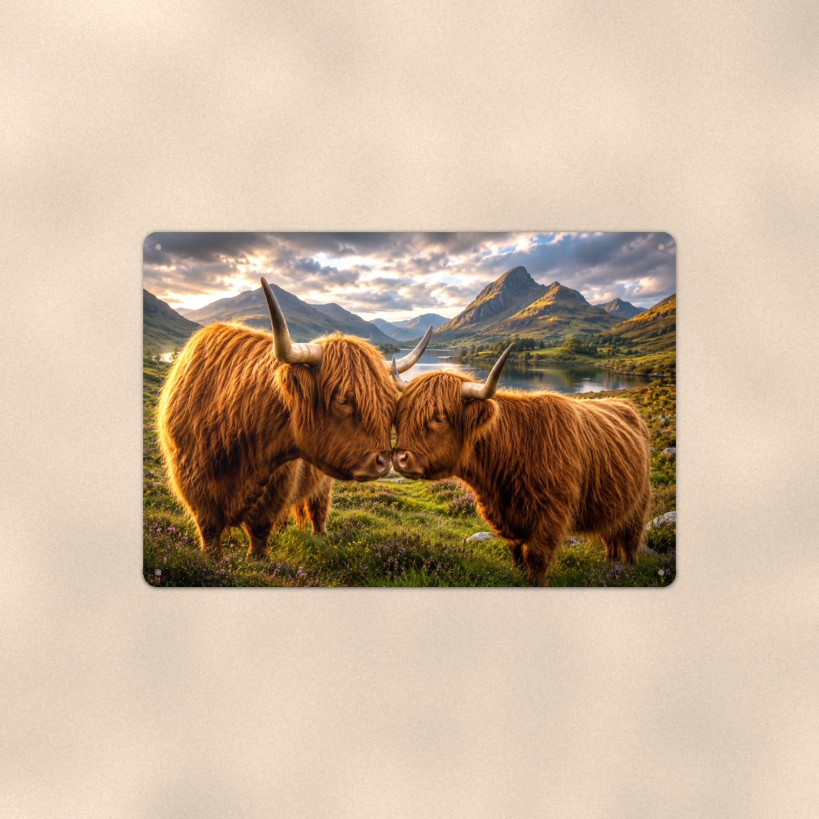 Nuzzling Highland Cow Pair Aluminum Sign 12 x 8, Metal Wall Art