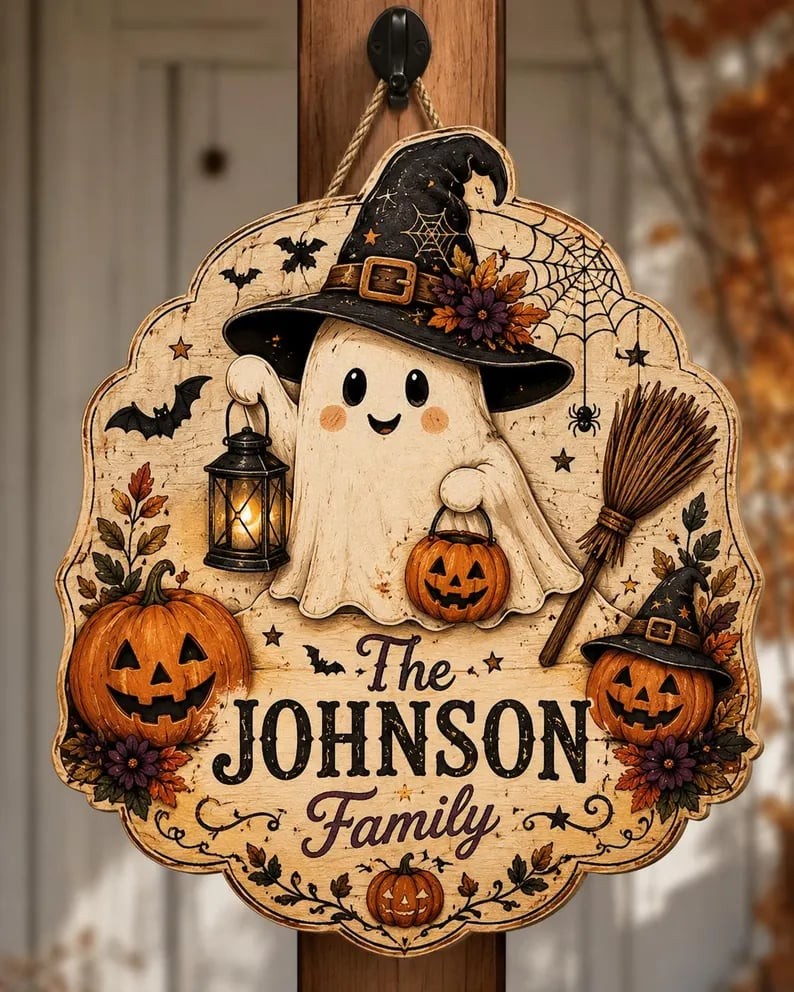 Personalized Halloween Ghost Door Hanger, Custom Family Name Wooden Sign