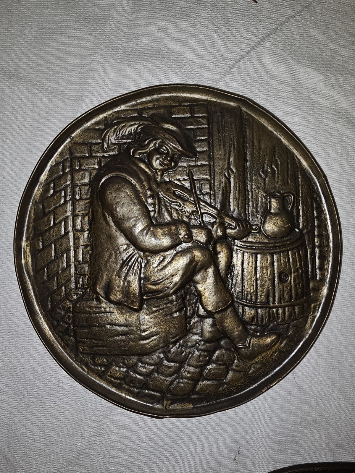 Set of 4 Vintage Belgian Bronze Wall Plaques Folk Art Musicians Tavern 5.5″