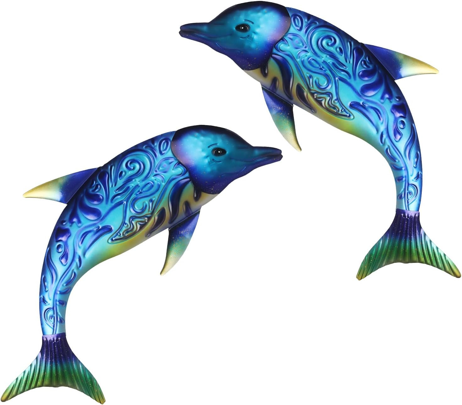 Ocean Dreams Metal Wall Art – (Dolphin) 2-Piece Handcrafted Iron Sea Creature Cu